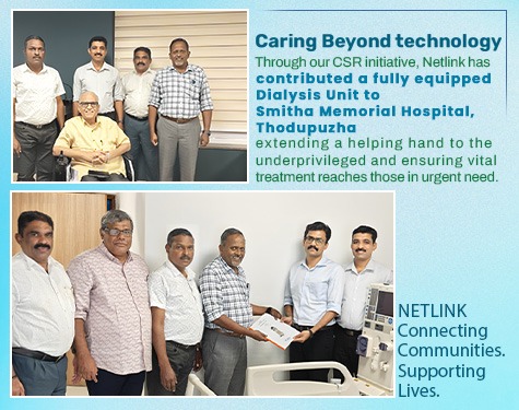 Group of men at a hospital during a CSR donation event by Netlink, presenting a fully equipped dialysis unit to Smitha Memorial Hospital, Thodupuzha.
