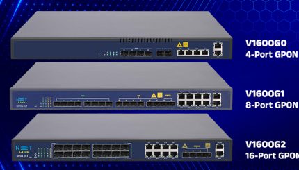 Netlink V1600 Series GPON OLT devices including V1600G0 4-Port GPON, V1600G1 8-Port GPON, and V1600G2 16-Port GPON models displayed on a blue technology background.