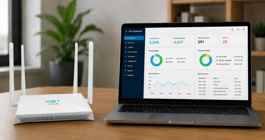 TR-069 remote ONT management system showing communication between customer ONTs and an Auto Configuration Server (ACS) in a modern FTTH network.