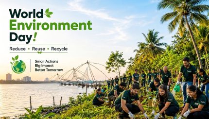 Netlink employees working in a green office environment with plants, promoting sustainability, responsible waste management, and eco-conscious business practices on World Environment Day 2026.