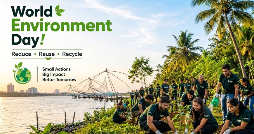 Netlink employees working in a green office environment with plants, promoting sustainability, responsible waste management, and eco-conscious business practices on World Environment Day 2026.