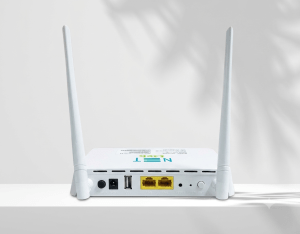 Netlink HG323RGW-VD5 FTTH ONT with dual 5 dBi Wi-Fi antennas, LAN ports, USB connectivity, WPS button, and SIP-based VoIP support for wider wireless coverage in home and office broadband networks