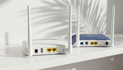 Netlink HG323RGW and HG323RGW-VD5 FTTH ONT comparison showing dual Wi‑Fi antennas, LAN ports, USB connectivity, PON fiber interface, and VoIP support for GPON and XPON broadband networks