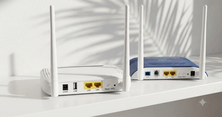 Netlink HG323RGW and HG323RGW-VD5 FTTH ONT comparison showing dual Wi‑Fi antennas, LAN ports, USB connectivity, PON fiber interface, and VoIP support for GPON and XPON broadband networks