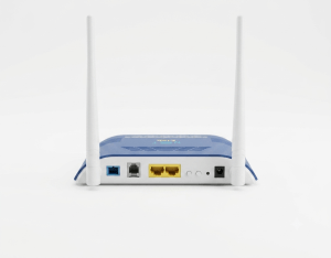 Netlink HG323RGW-VD5 FTTH ONT rear view showing dual Wi-Fi antennas, PON fiber port, LAN ports, and VoIP telephone port for GPON and XPON broadband networks