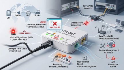 FTTH ONT troubleshooting showing common LOS, PON, Wi-Fi and network problems
