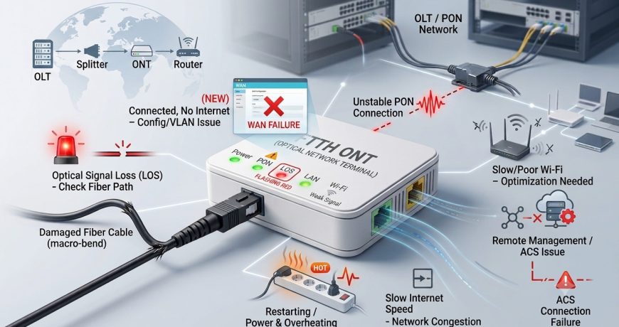 FTTH ONT troubleshooting showing common LOS, PON, Wi-Fi and network problems