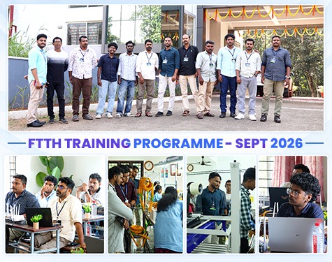 An promotional banner for an FTTH (Fiber to the Home) training program featuring a technician splicing fiber optic cables, course highlights, and contact information for enrollment