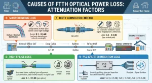 Infographic showing causes of FTTH optical power loss including macrobending, dirty connector, splice loss, and PLC splitter loss