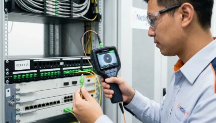 Technician passes fiber link in server rack.