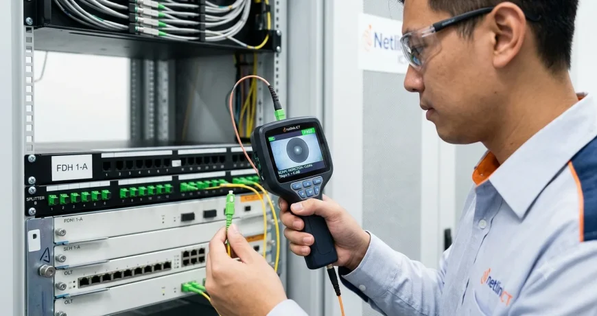 Technician passes fiber link in server rack.