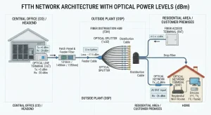 FTTH network architecture diagram showing optical signal path from OLT to ONT with power levels in dBm